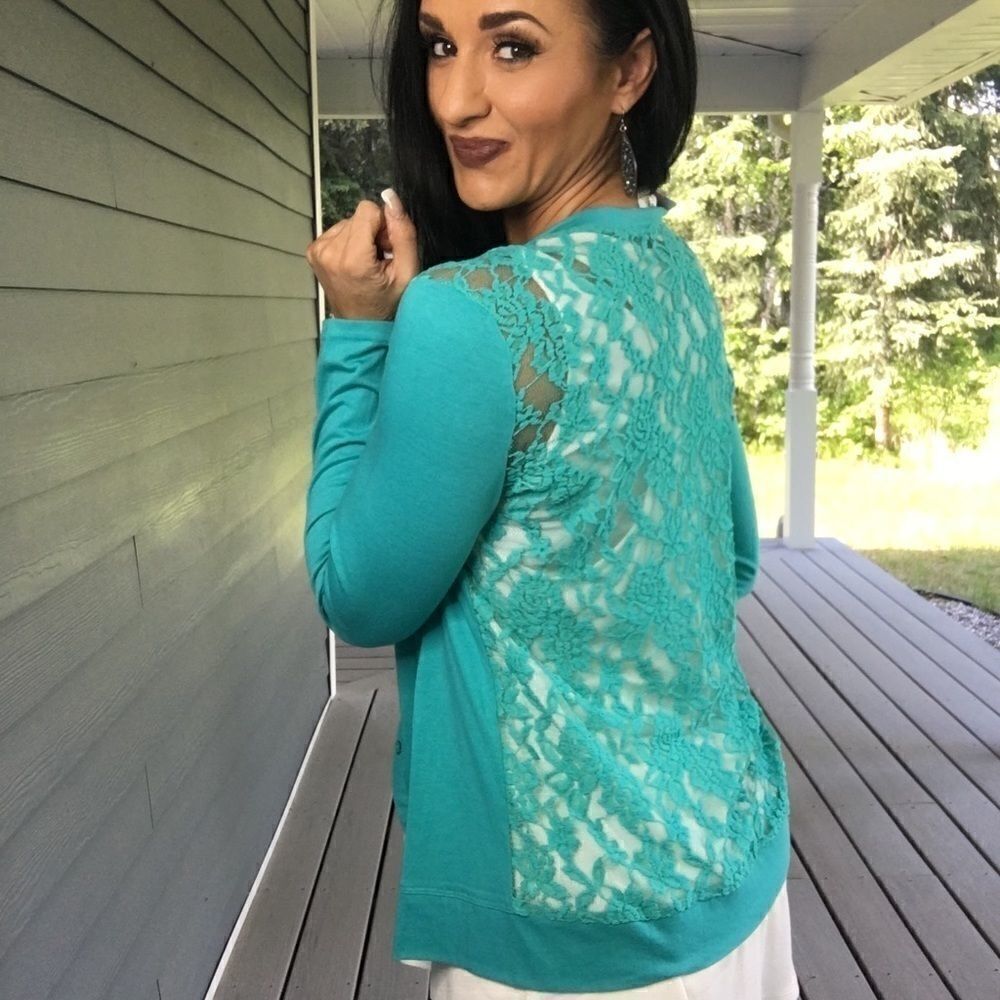 NEW cozy Teal lace back button up cardigan